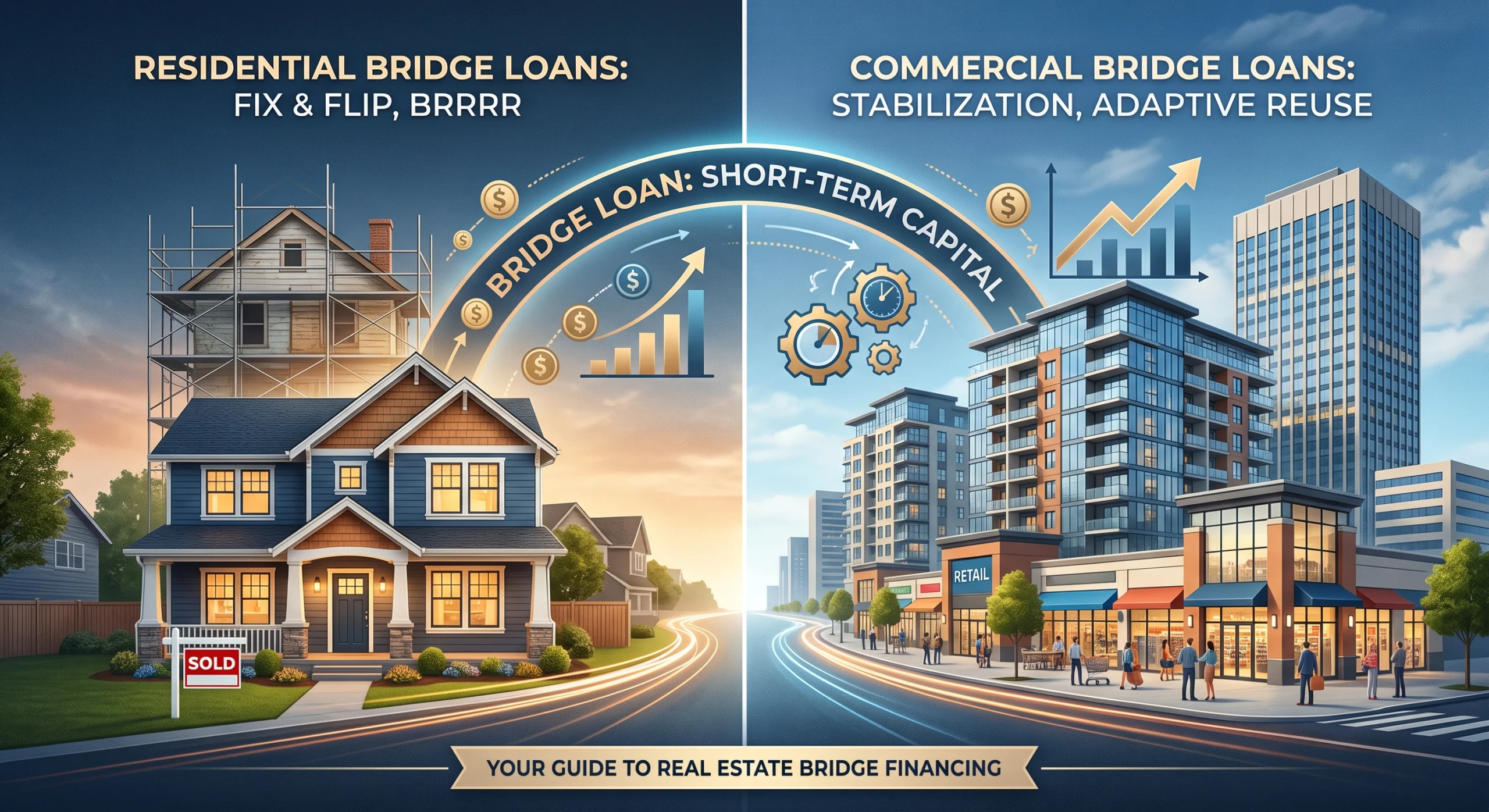 A conceptual visualization of real estate bridge loans, illustrating the connection between short-term residential property rehab (left) and commercial property stabilization (right).