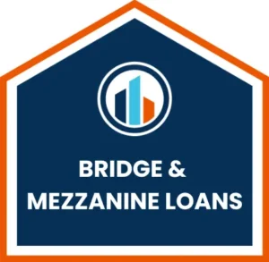 Dark blue house-shaped icon with an orange border, featuring the RCA Capital logo and the text "BRIDGE & MEZZANINE LOANS" in white.