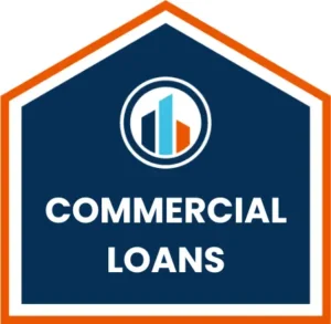 Dark blue house-shaped icon with an orange border, displaying the RCA Capital logo and the text "COMMERCIAL LOANS" in white.