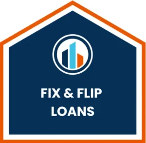 Dark blue house-shaped icon with an orange border, featuring the RCA Capital logo and the text "FIX & FLIP LOANS" in white.