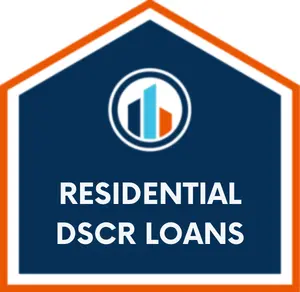 Dark blue house-shaped icon with an orange border, featuring the RCA Capital logo and the text "RESIDENTIAL DSCR LOANS" in white.