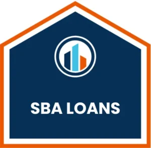 Dark blue house-shaped icon with an orange border, featuring the RCA Capital logo and the text "SBA LOANS" in white.
